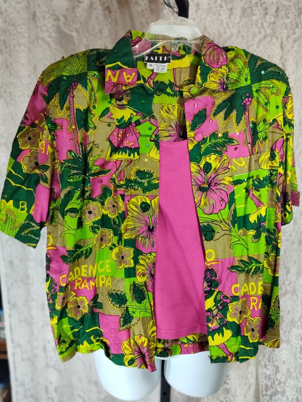 Faith Women's Tropical Button-Down Camp Shirt Dtyle in Pink & Green Khaki